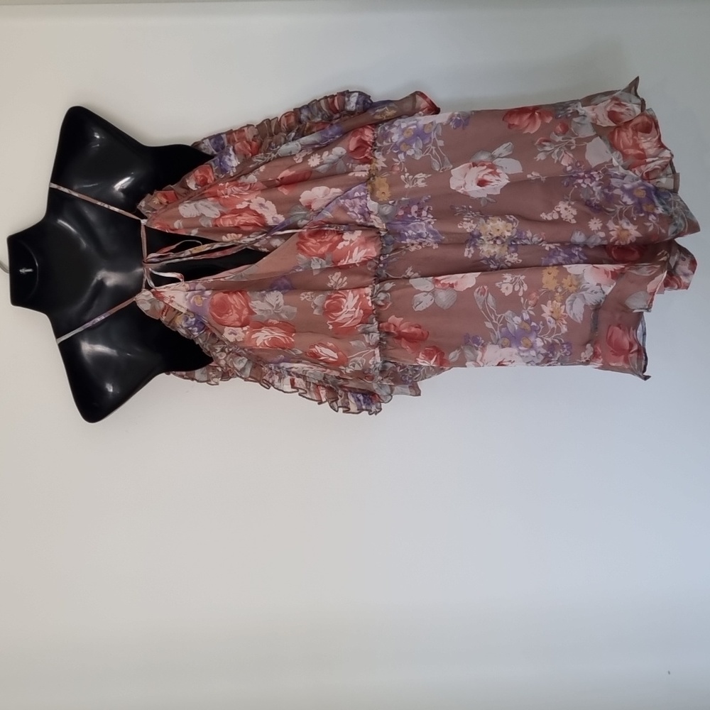 Bardot, floral playsuit, lined/sheer overlay, pockets, cold shoulder, size 12 - Picture 10 of 12